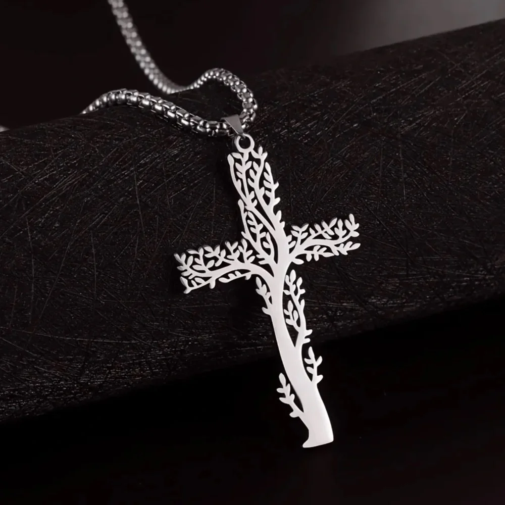 Stainless steel tree of life cross